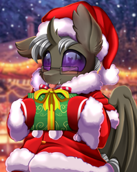 Size: 2550x3209 | Tagged: safe, artist:pridark, imported from derpibooru, imported from ponybooru, part of a set, oc, oc only, bat pony, changeling, hybrid, :p, adorable face, bat pony oc, bat wings, batling, blushing, changeling oc, christmas, christmas changeling, commission, cute, glasses, hat, high res, holding, holiday, older, present, santa hat, solo, teenager, tongue out, wings, ych result