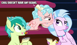 Size: 843x500 | Tagged: safe, edit, edited screencap, imported from derpibooru, screencap, cozy glow, sandbar, silverstream, earth pony, hippogriff, pegasus, pony, chili, chili con carne, chili pepper, colt, female, filly, hot pepper, male, teenager, whispering