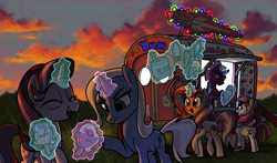 Size: 2912x1714 | Tagged: safe, artist:docwario, imported from derpibooru, fizzlepop berrytwist, moondancer, starlight glimmer, sunset shimmer, tempest shadow, trixie, pony, unicorn, broken horn, christmas, christmas lights, cloud, eyes closed, food, glasses, glowing horn, grass, holiday, horn, ice cream, levitation, magic, open mouth, raised hoof, reformed unicorn meeting, sky, sunset, telekinesis