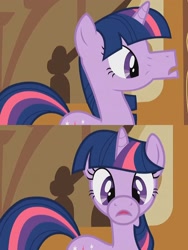 Size: 2172x2896 | Tagged: safe, edit, edited screencap, imported from derpibooru, screencap, twilight sparkle, pony, unicorn, party of one, 2 panel comic, cartoon logic, cartoon physics, comic, cropped, female, mare, unicorn twilight, why the long face