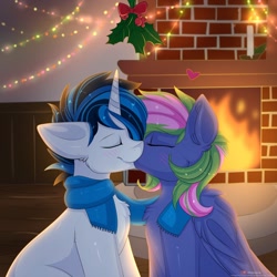 Size: 2000x2000 | Tagged: safe, artist:kianara, imported from derpibooru, oc, oc only, oc:lishka, oc:solar gizmo, pegasus, pony, unicorn, blushing, candle, christmas, clothes, eyes closed, female, fire, fireplace, holiday, holly, holly mistaken for mistletoe, kissing, love, male, mare, oc x oc, scarf, shared clothing, shared scarf, shipping, stallion, straight, string lights