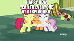 Size: 800x450 | Tagged: safe, edit, edited screencap, editor:lord you know who, imported from derpibooru, screencap, apple bloom, scootaloo, sweetie belle, pony, apple, bucket, caption, cutie mark crusaders, discovery family logo, food, happy new year, heartwarming, holiday, hug, image macro, positive ponies, text