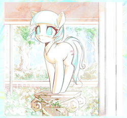 Size: 3340x3098 | Tagged: safe, artist:mirroredsea, imported from derpibooru, coco pommel, earth pony, pony, 2017, cocobetes, colored pupils, cute, female, jewelry, mare, missing accessory, necklace, no pupils, pedestal, pillar, smiling, solo, standing, tree