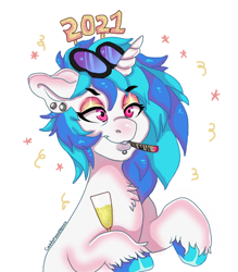 Size: 430x490 | Tagged: safe, artist:caxdymonsterxx, imported from derpibooru, dj pon-3, vinyl scratch, pony, unicorn, 2021, chest fluff, colored hooves, drugs, ear piercing, earring, eyeshadow, happy new year, holiday, jewelry, lip piercing, makeup, marijuana, new year, piercing, simple background, smoking, solo, white background