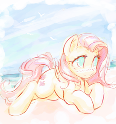 Size: 2364x2529 | Tagged: safe, artist:mirroredsea, imported from derpibooru, fluttershy, pegasus, pony, beach, blushing, bright, cute, daaaaaaaaaaaw, female, folded wings, looking away, lying down, mare, no pupils, prone, shyabetes, smiling, solo, water, wings