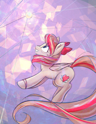 Size: 2235x2900 | Tagged: safe, artist:mirroredsea, imported from derpibooru, angel wings, pegasus, pony, top bolt, abstract background, bow, bracelet, cute, eye clipping through hair, female, hair bow, jewelry, looking up, mare, side view, smiling, solo