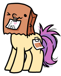 Size: 800x1000 | Tagged: safe, artist:paperbagpony, imported from derpibooru, oc, oc:paper bag, earth pony, derpibooru community collaboration, 2021 community collab, cute, fake cutie mark, female, ocbetes, one eye closed, paper bag, pure unfiltered evil, simple background, tape, transparent background, wink