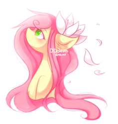 Size: 696x733 | Tagged: dead source, safe, artist:dddreamdraw, imported from derpibooru, fluttershy, pegasus, pony, blushing, bust, ear fluff, female, floppy ears, flower, flower in hair, flower petals, looking up, mare, no pupils, profile, side view, simple background, solo, white background