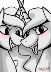 Size: 1425x2034 | Tagged: safe, artist:nanazdina, imported from derpibooru, princess celestia, princess luna, alicorn, pony, duo, monochrome, sketch, tongue out