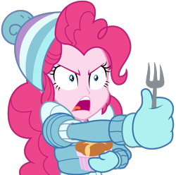 Size: 3281x3250 | Tagged: safe, artist:sketchmcreations, imported from derpibooru, pinkie pie, equestria girls, equestria girls series, holidays unwrapped, spoiler:eqg series (season 2), angry, clothes, coat, female, food, fork, frown, hat, open mouth, outstretched arm, ramekin, saving pinkie's pie, simple background, solo, souffle, toque, transparent background, vector, winter outfit, yelling