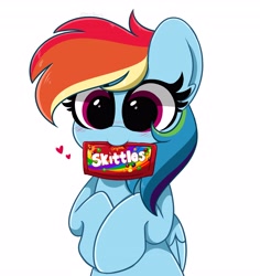 Size: 3862x4096 | Tagged: safe, artist:kittyrosie, imported from derpibooru, rainbow dash, pegasus, pony, blushing, candy, cute, dashabetes, digital art, female, food, heart, mare, mouth hold, redraw, simple background, skittles, smiling, solo, white background