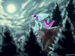 Size: 2000x1500 | Tagged: safe, artist:baitoubaozou, imported from derpibooru, oc, oc only, oc:brightstar sentry, alicorn, pony, alicorn oc, forest, horn, moon, night, pine tree, sad, solo, tree, wings