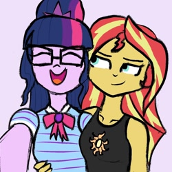 Size: 1200x1200 | Tagged: safe, artist:dawnbrightglint, artist:peel_a_na, imported from derpibooru, sci-twi, sunset shimmer, twilight sparkle, equestria girls, implied lesbian, implied scitwishimmer, implied shipping, simple background, smiling