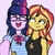 Size: 1200x1200 | Tagged: safe, artist:dawnbrightglint, artist:peel_a_na, imported from derpibooru, sci-twi, sunset shimmer, twilight sparkle, equestria girls, implied lesbian, implied scitwishimmer, implied shipping, simple background, smiling