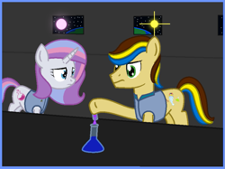 Size: 865x646 | Tagged: safe, imported from derpibooru, potion nova, oc, oc:admiral stone, female, male, mare, moon, planet, potion, space, stallion, stars, sun, window