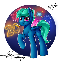 Size: 2000x2000 | Tagged: safe, artist:supermoix, imported from derpibooru, oc, oc only, oc:supermoix, pegasus, pony, birthday, fireworks, grin, happy, noisemaker, pink eyes, simple background, smiling, solo