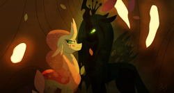 Size: 2500x1339 | Tagged: safe, artist:bearmation, artist:heavysplatter, imported from derpibooru, ocellus, queen chrysalis, changedling, changeling, changeling queen, changedling queen, changeling hive, changelings in the comments, confrontation, duo, female, older, older ocellus, queen ocellus, story included, teary eyes