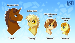 Size: 1300x745 | Tagged: safe, artist:lastnight-light, imported from derpibooru, oc, oc only, oc:colby jack, oc:hot habanero jack, oc:monterey jack, oc:pepper jack, earth pony, pony, unicorn, colt, male, stallion