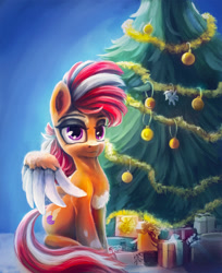 Size: 1300x1595 | Tagged: safe, artist:stdeadra, imported from derpibooru, oc, oc only, pegasus, pony, balls, bauble, big eyes, christmas, christmas decoration, christmas ornament, christmas tree, decoration, full body, holiday, lidded eyes, merry christmas, nudity, present, solo, tail, toy, tree, two toned wings, wings