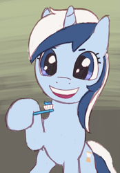 Size: 1027x1477 | Tagged: safe, artist:catachromatic, derpibooru exclusive, imported from derpibooru, minuette, pony, unicorn, hoof hold, smiling, solo, toothbrush, toothpaste