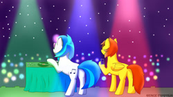 Size: 1024x576 | Tagged: safe, artist:sergefoxpaws, imported from derpibooru, dj pon-3, vinyl scratch, oc, pegasus, pony, unicorn, butt, canon x oc, cellphone, cutie mark, digital art, duo, hooves, horn, phone, plot, smartphone, tail, wings