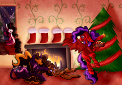 Size: 1000x700 | Tagged: safe, artist:velnyx, imported from derpibooru, oc, oc only, oc:cherry blitz, oc:nutmeg, oc:peanutbutter brew, oc:saffron spell, pegasus, pony, unicorn, christmas, christmas stocking, christmas tree, colt, female, filly, fire, fireplace, holiday, male, mare, snow, snowfall, tree, window