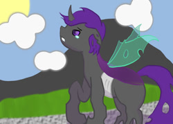 Size: 1008x720 | Tagged: safe, artist:biobasher, imported from derpibooru, oc, oc only, changeling, pony, cloud, crying, digital art, fangs, female, holes, hooves, horn, purple changeling, sky, solo, spread wings, tail, wings