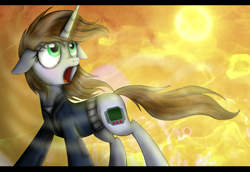 Size: 1280x883 | Tagged: safe, artist:mlptmntdisneykauane, imported from derpibooru, oc, oc only, oc:littlepip, pony, unicorn, fallout equestria, clothes, cutie mark, fallout, fanfic, fanfic art, female, floppy ears, high res, hooves, horn, mare, open mouth, pipbuck, solo, vault suit