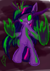 Size: 1024x1463 | Tagged: safe, artist:marky1212, artist:mrdragondeathclaw, imported from derpibooru, twilight sparkle, pony, semi-anthro, unicorn, colored horn, colored sclera, corrupted, corrupted twilight sparkle, curved horn, dark magic, dark twilight, dark twilight sparkle, darklight, darklight sparkle, glowing eyes, glowing horn, green sclera, horn, magic, possessed, possession, possesslight, possesslight sparkle, psychotic twilight sparkle, simple background, solo, sombra eyes, sombra horn, speedpaint, twisted, twisted twilight, twisted twilight sparkle, unicorn twilight, white background