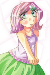 Size: 532x797 | Tagged: safe, artist:araiiara123, imported from derpibooru, fluttershy, equestria girls, beautiful, clothes, cute, female, lips, looking at you, makeup, short hair, shyabetes, skirt, smiling, smiling at you, solo, tanktop