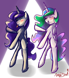 Size: 1802x2034 | Tagged: safe, artist:nanazdina, imported from derpibooru, princess celestia, princess luna, alicorn, pony, bipedal, cute, dancing, doodle, duo, eyes closed, ibispaint x, lunabetes, silly, simple background, sketch, tongue out