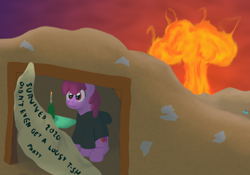 Size: 1200x840 | Tagged: safe, artist:quint-t-w, imported from derpibooru, berry punch, berryshine, earth pony, pony, 2021, banner, bottle, candle, clothes, hoodie, mushroom cloud, solo, this is fine, wasteland