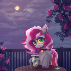 Size: 1280x1280 | Tagged: safe, artist:laymy, imported from derpibooru, oc, oc only, bat pony, pony, bat pony oc, bat wings, bell, bell collar, collar, drinking, drinking straw, flower, moon, night, rose, sky, solo, straw, table, wings