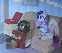 Size: 1280x1100 | Tagged: safe, artist:laymy, imported from derpibooru, oc, oc only, pegasus, pony, clothes, controller, couch, duo, food, hoodie, hoof hold, pizza, pizza box, shirt, string lights, t-shirt