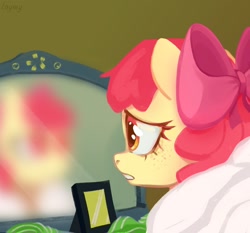 Size: 1280x1193 | Tagged: safe, artist:laymy, imported from derpibooru, apple bloom, earth pony, pony, one bad apple, bow, freckles, mirror, scene interpretation, solo