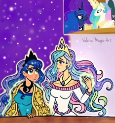 Size: 1928x2073 | Tagged: safe, artist:valeriamagicart, imported from derpibooru, screencap, princess celestia, princess luna, alicorn, human, best gift ever, blanket, clothes, crown, dress, duo, female, glowing hands, glowing horn, horn, humanized, jewelry, night, regalia, royal sisters, screencap reference, siblings, sisters, snow, snowfall, traditional art