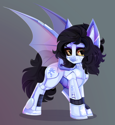 Size: 4600x5000 | Tagged: safe, artist:xsatanielx, imported from derpibooru, oc, oc:mitzy, bat pony, pony, robot, robot pony, bat pony oc, bat wings, commission, female, gray background, simple background, wings