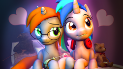 Size: 3265x1837 | Tagged: safe, artist:drdicksamazingstick, imported from derpibooru, oc, oc only, oc:homage, oc:littlepip, pony, unicorn, fallout equestria, 3d, absurd resolution, bed, chocolate, dreamy expression, earbuds, fallout, fanfic, fanfic art, female, food, glasses, grin, headphones, heads together, heart, high res, holding hooves, hooves, horn, lesbian, listening, listening to music, mare, music, not dj pon3, not vinyl scratch, pillow, pipbuck, pipmage, sharing headphones, shipping, smiling, source filmmaker, teddy bear, unicorn oc