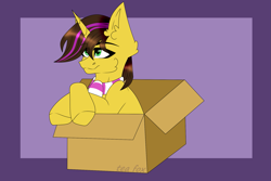 Size: 1861x1240 | Tagged: safe, artist:teafox, imported from derpibooru, oc, oc:joshua lemonbrew, oc:joshua weedminster, pony, unicorn, box, clothes, commission, horn, pony in a box, scarf, unicorn oc, ych result