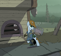 Size: 1200x1100 | Tagged: safe, artist:animatedcheese17, imported from derpibooru, oc, oc only, oc:littlepip, pony, unicorn, fallout equestria, clothes, fanfic, fanfic art, female, flask, high res, hooves, horn, jumpsuit, mare, open mouth, pipbuck, ponyville, ruins, solo, tree, vault suit, wasteland, weapon