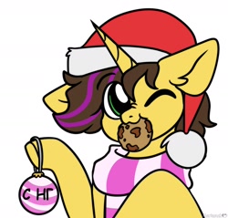 Size: 2022x1933 | Tagged: safe, artist:mariashek, imported from derpibooru, oc, oc:joshua lemonbrew, oc:joshua weedminster, pony, unicorn, bauble, christmas, clothes, cyrillic, hat, holiday, mouth hold, nose wrinkle, one eye closed, russian, santa hat, scarf, simple background, striped scarf, white background