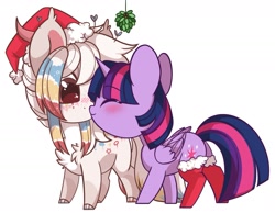 Size: 1605x1247 | Tagged: safe, artist:cloud-fly, imported from derpibooru, twilight sparkle, oc, oc:kei, alicorn, pony, butt, chibi, christmas, clothes, hat, holiday, holly, holly mistaken for mistletoe, kissing, mistleholly, plot, santa hat, simple background, socks, twilight sparkle (alicorn), white background