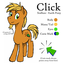 Size: 848x864 | Tagged: safe, artist:bryastar, imported from derpibooru, oc, oc only, oc:click, earth pony, earth pony oc, facial hair, goatee, male, reference sheet, stallion