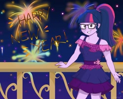 Size: 1792x1447 | Tagged: safe, artist:nutsfify, imported from derpibooru, sci-twi, twilight sparkle, human, equestria girls, 2020, balcony, clothes, dress, female, fireworks, glasses, grin, happy new year, holiday, new year, ponytail, smiling, solo