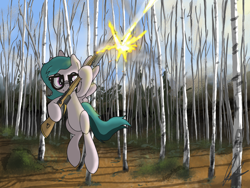 Size: 4000x3000 | Tagged: safe, artist:flaremoon, imported from derpibooru, oc, oc only, oc:hazy breeze, pegasus, pony, birch, birch tree, female, flying, forest, forest background, glasses, gun, high res, hunting, hunting rifle, mare, muzzle flash, rifle, shooting, solo, tree, weapon, woodlands