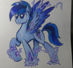 Size: 670x623 | Tagged: safe, artist:esdras, artist:shadowingartist, imported from derpibooru, oc, oc only, oc:shadowing, pegasus, pony, badass, blue eyes, cutie mark, lightning, mane, paper, simple background, solo, white background