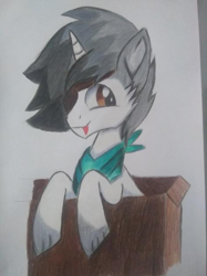 Size: 472x630 | Tagged: safe, artist:esdras, artist:shadowingartist, imported from derpibooru, pony, unicorn, bandana, box, cute, gray mane, paper, solo, tongue out