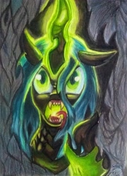 Size: 2877x3993 | Tagged: safe, artist:esdras, artist:shadowingartist, imported from derpibooru, queen chrysalis, changeling, changeling queen, angry, evil, female, glowing, glowing horn, horn, magic, paper, tongue out