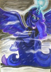 Size: 2720x3824 | Tagged: safe, artist:esdras, artist:shadowingartist, imported from derpibooru, princess luna, alicorn, pony, clothes, fog, hoof shoes, jacket, magic, magic aura, solo, spread wings, wings