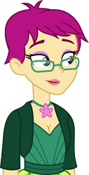 Size: 2000x3948 | Tagged: safe, artist:luckreza8, imported from derpibooru, grassy knoll (character), grassy knoll (g4), equestria girls, equestria girls series, twilight under the stars, spoiler:eqg series (season 2), breasts, cleavage, clothes, female, glasses, happy, simple background, solo, transparent background, vector